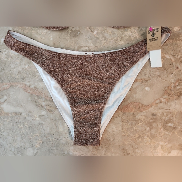 XS S M 🖤VS PINK Swim Shimmer Brazilian Bikini Bottom Cappuccino - Picture 3 of 4